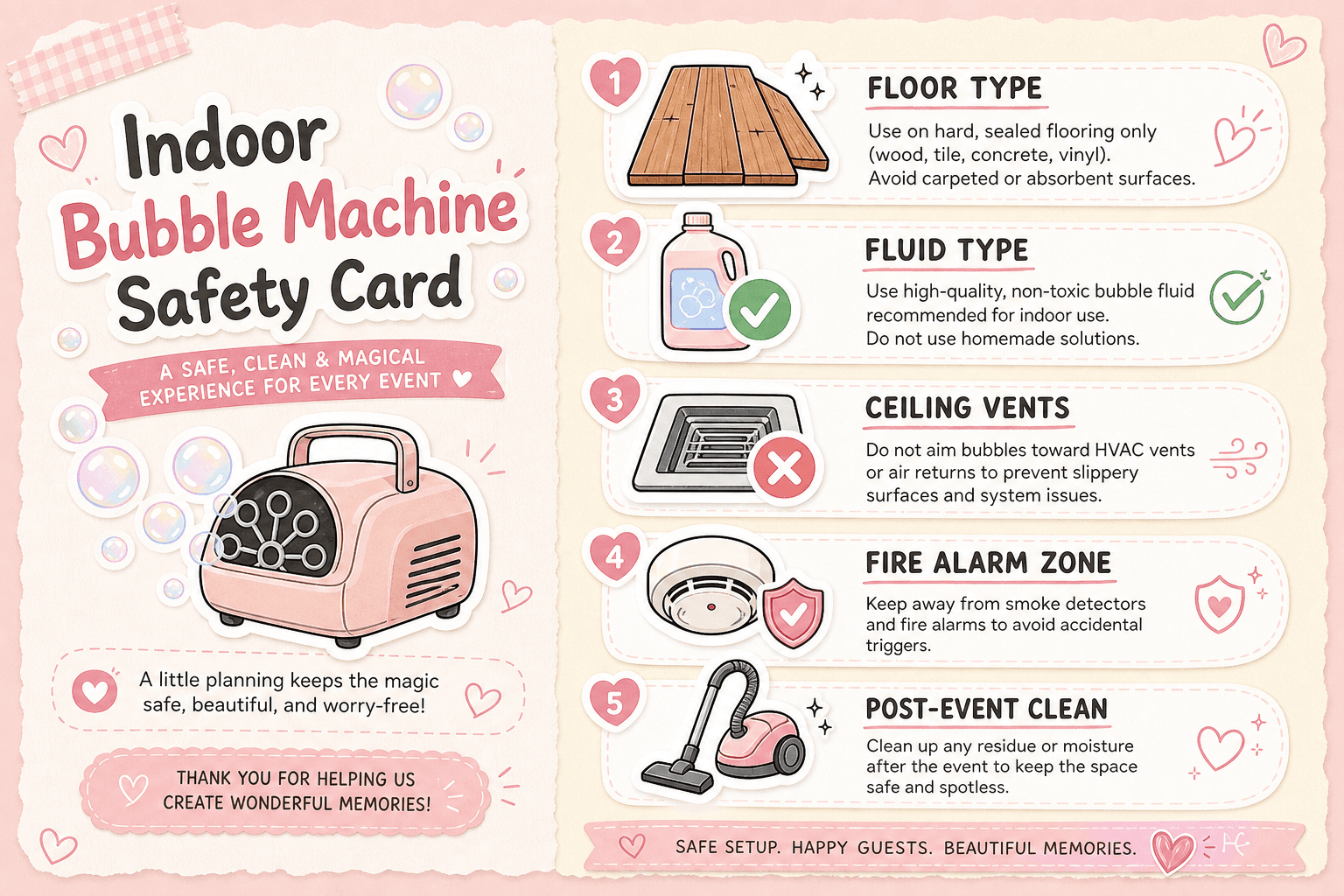 Indoor Bubble Machine Safety Card, xiaohongshu sticker style, soft pastel pink and cream background, sticker icons in a vertical list: floor