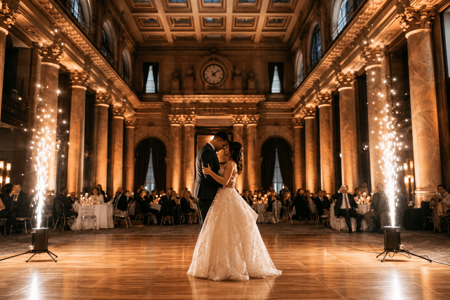 Illustrative scene: two floor-standing spark fountains on either side of a couple's first dance in a large hall with high ceilings and warm uplighting
