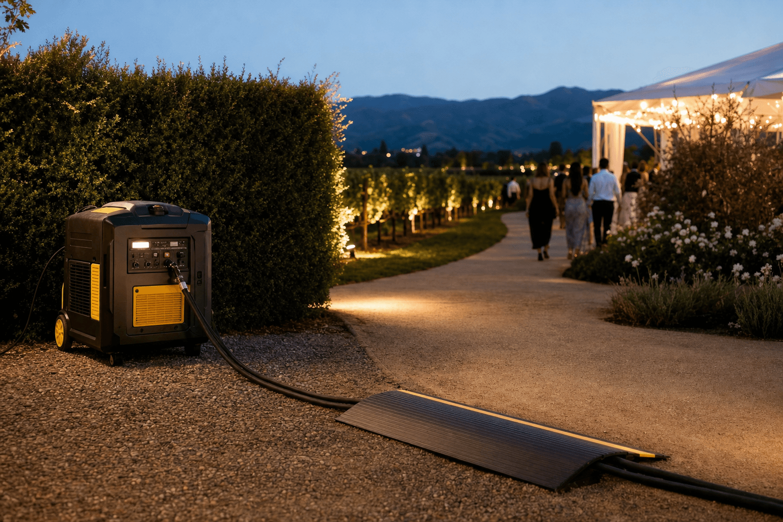 Illustrative scene: a portable generator beside a hedge at dusk, its cable running under a rubber cable ramp across a path toward a lit reception tent near vineyard rows