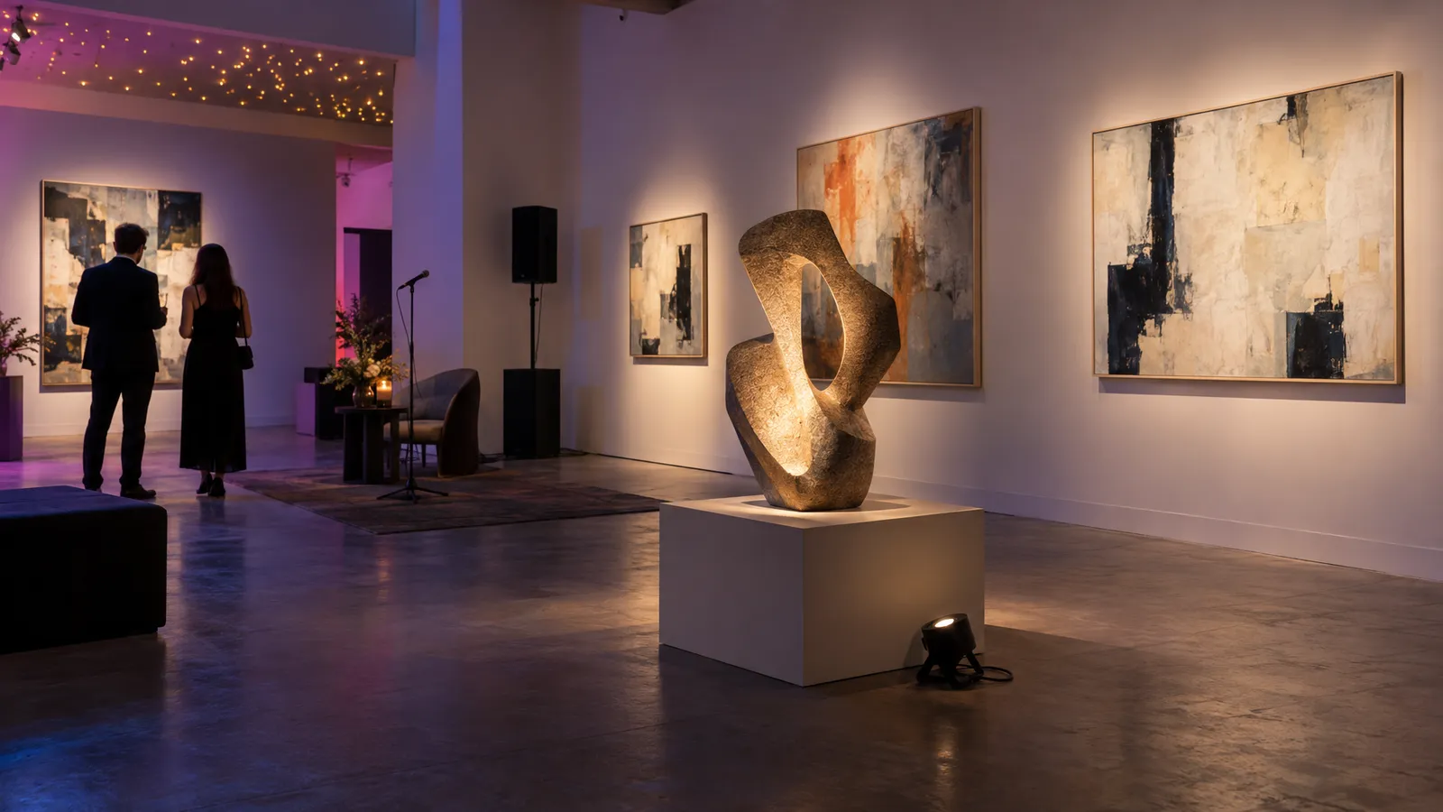 Gallery reception lighting highlights an abstract sculpture and wall art, with subtle ceiling projections and a discreet microphone and speaker.