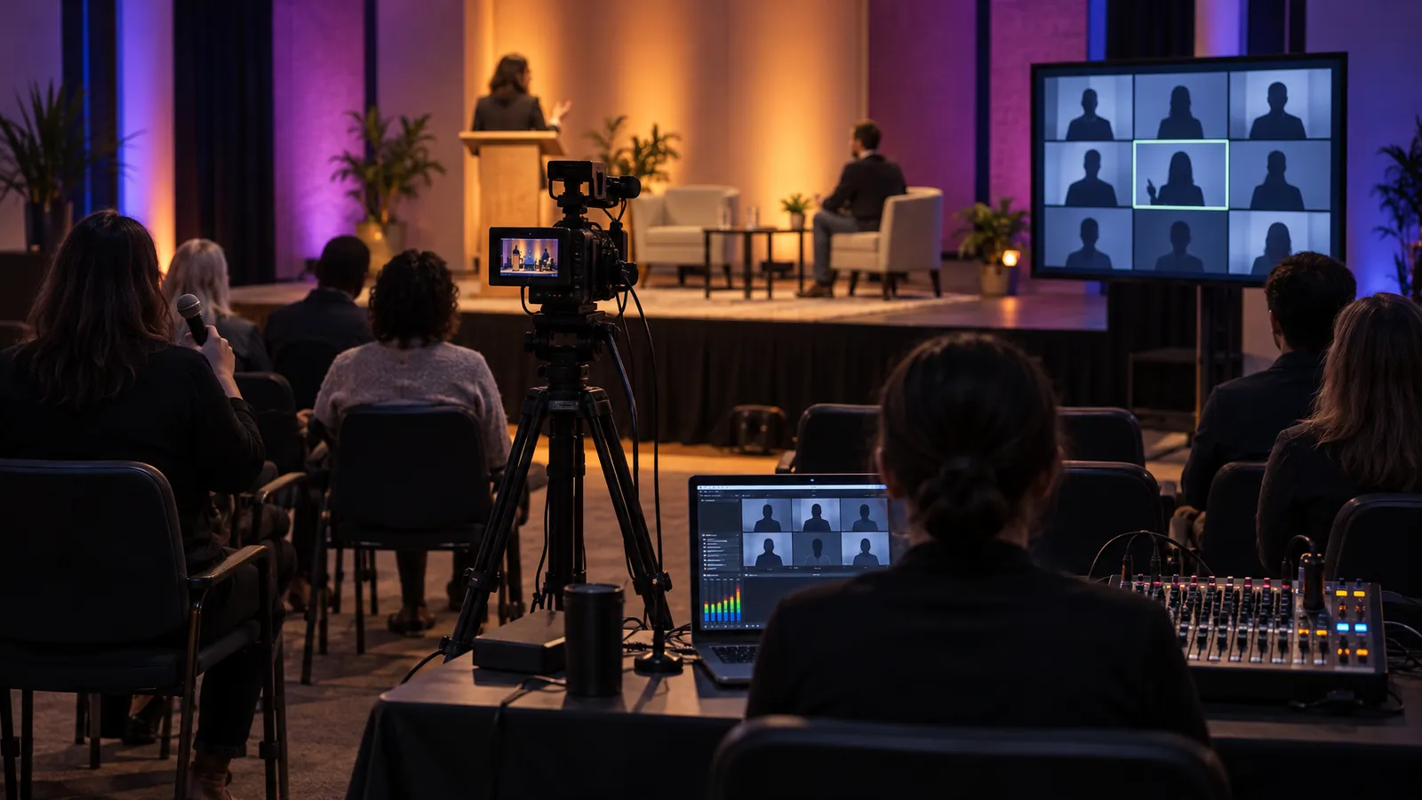 A camera and AV control desk connect a town hall audience and stage to remote participants on a wheeled display.