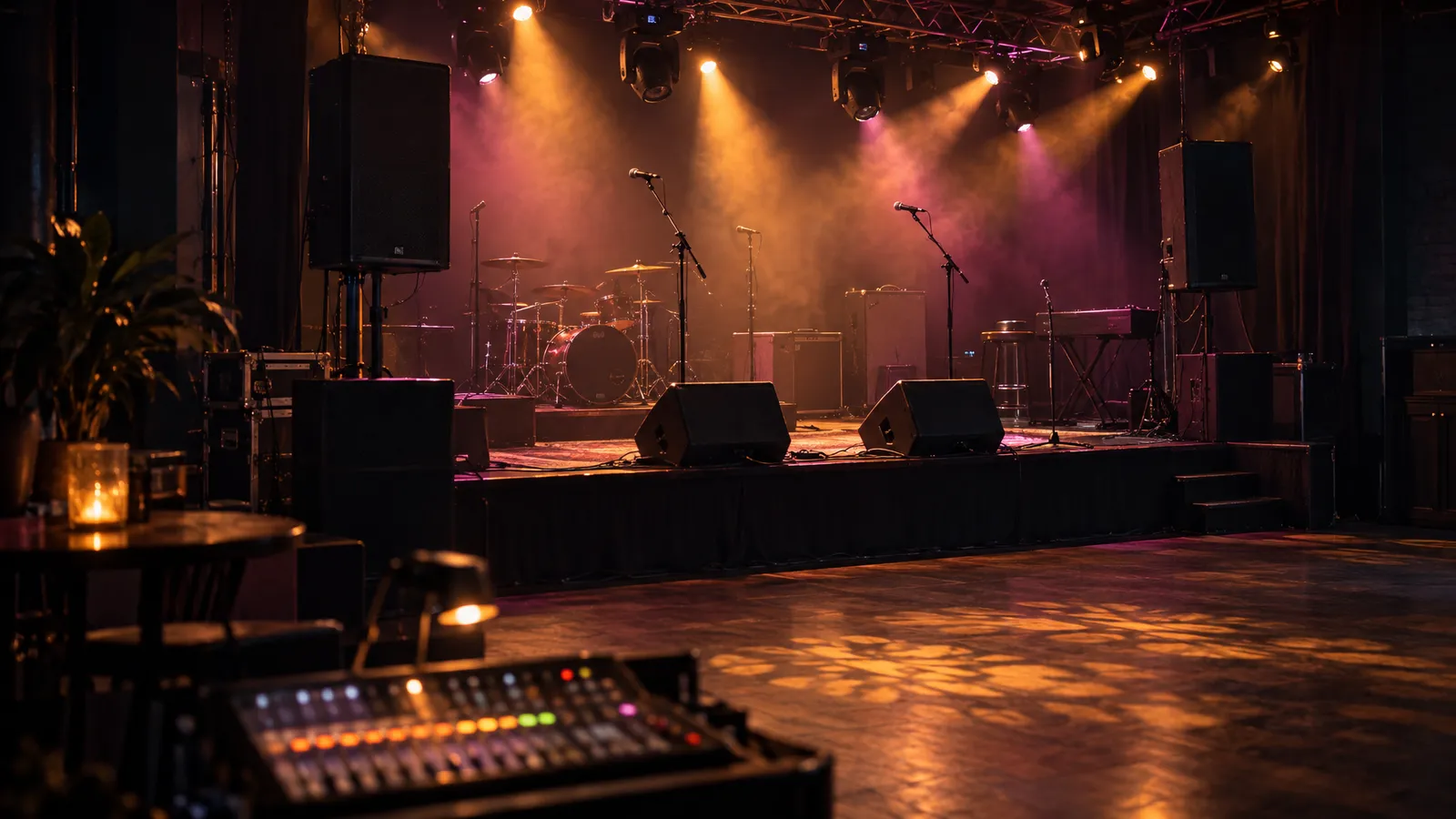 PA speakers, stage monitors, and truss-mounted lights frame a small live music stage in amber and magenta light.