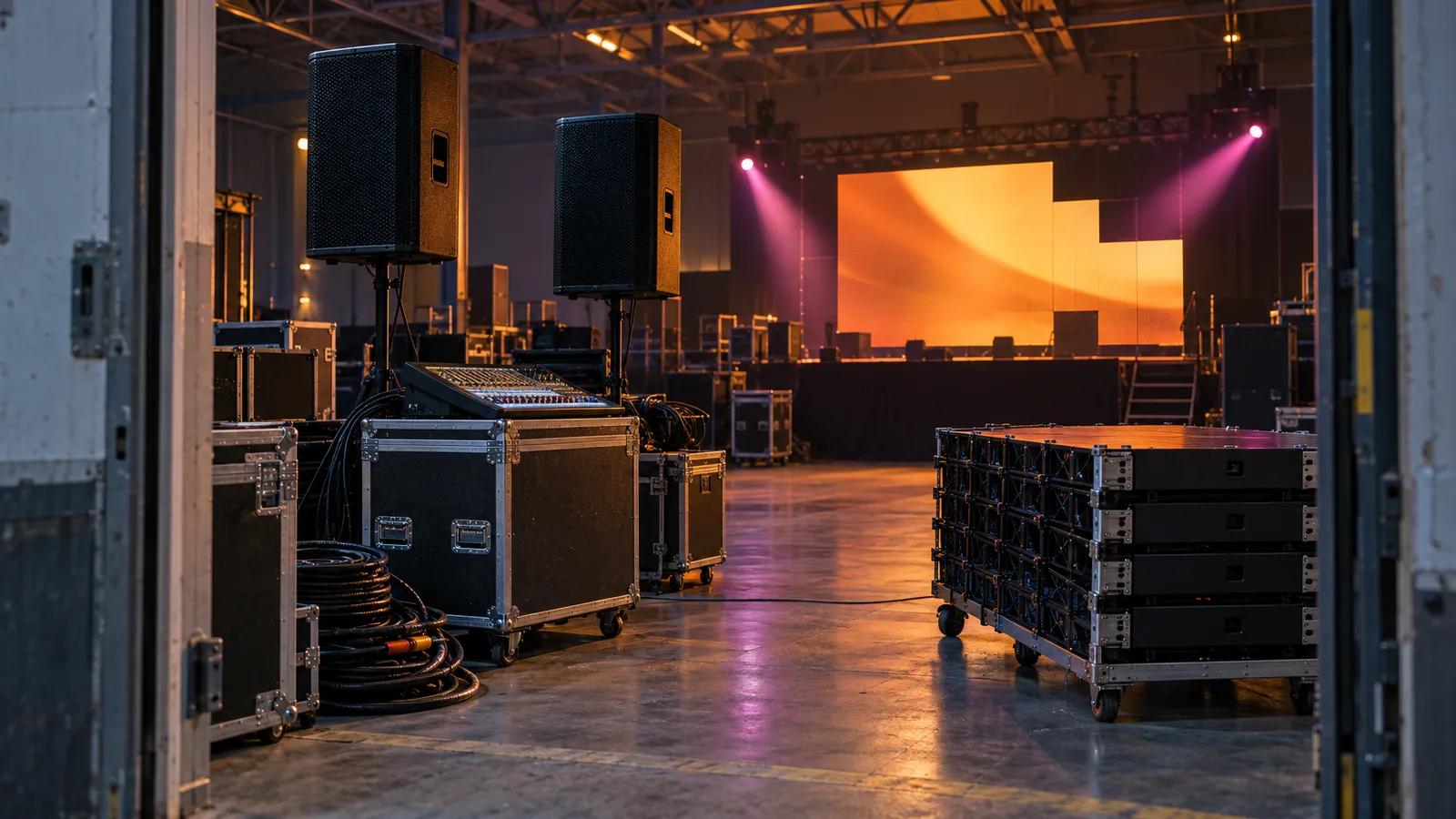 Audio equipment, LED panels and road cases await setup beside a softly lit stage in an East Bay event hall.