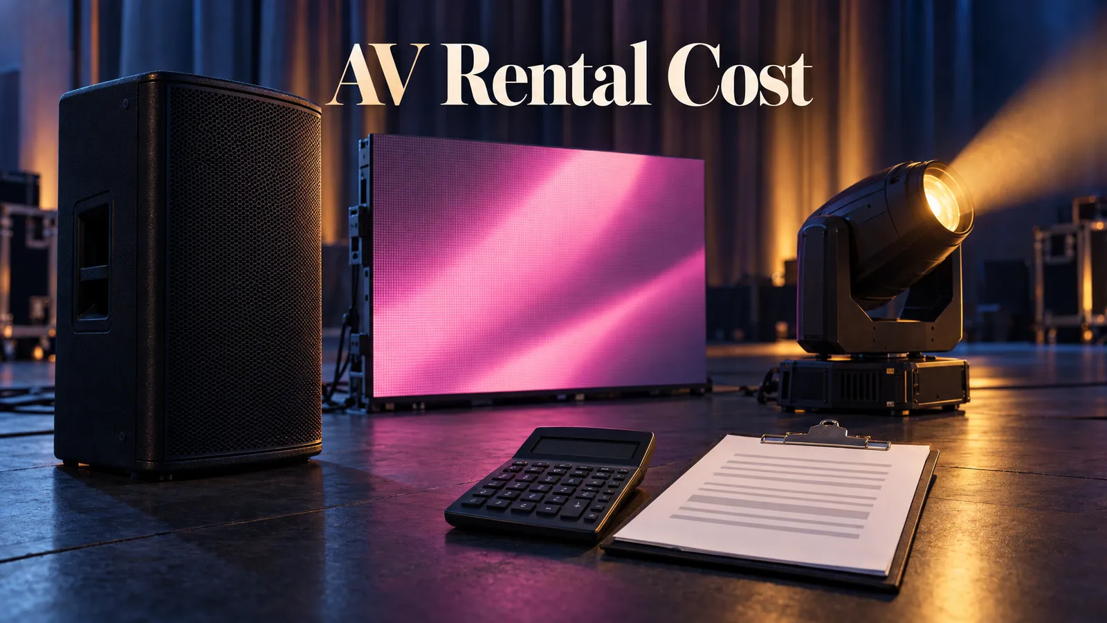 Editorial poster pairing sound, screen and lighting equipment with a calculator beneath the words “AV Rental Cost.”