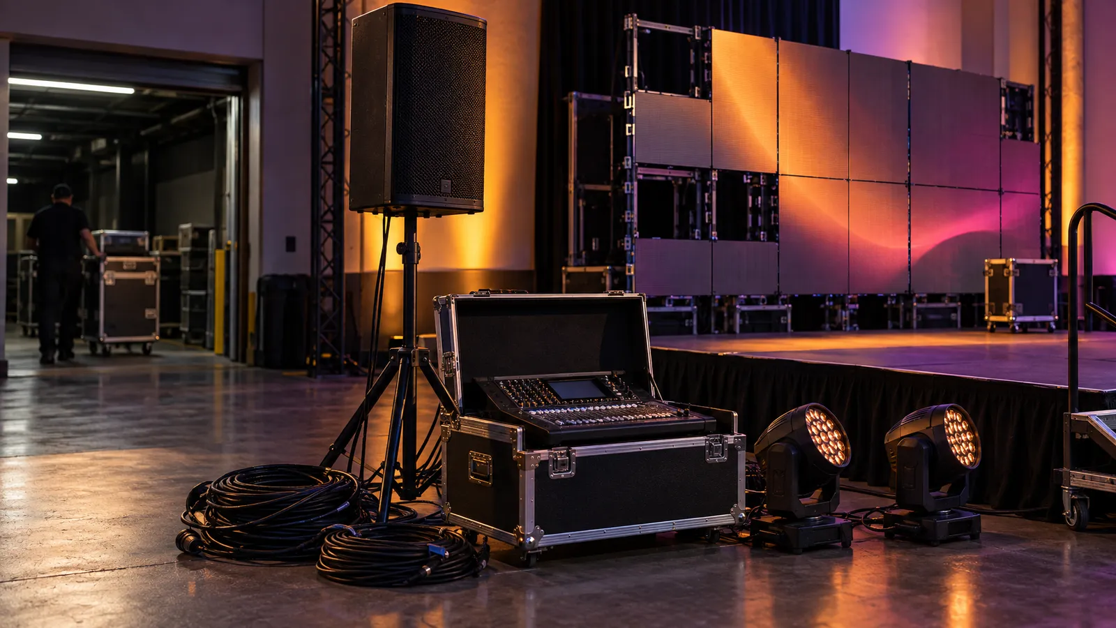 Sound equipment, stage lights and an LED wall arranged for event load-in at a San Jose conference venue.