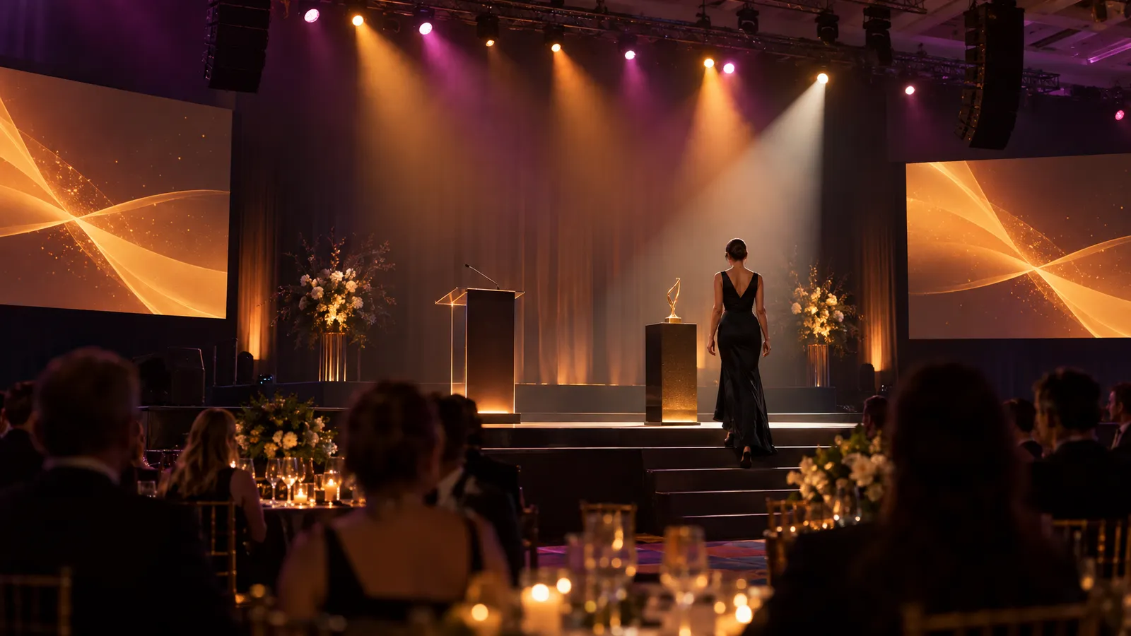 An awards stage features a spotlighted recipient seen from behind, a trophy, a lectern, and twin LED screens under amber and magenta lighting.