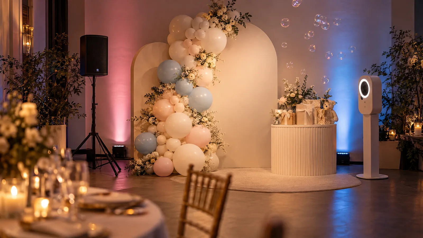 A baby shower photo backdrop with balloons, soft accent lighting, a compact sound system, a photo booth camera, and floating bubbles.