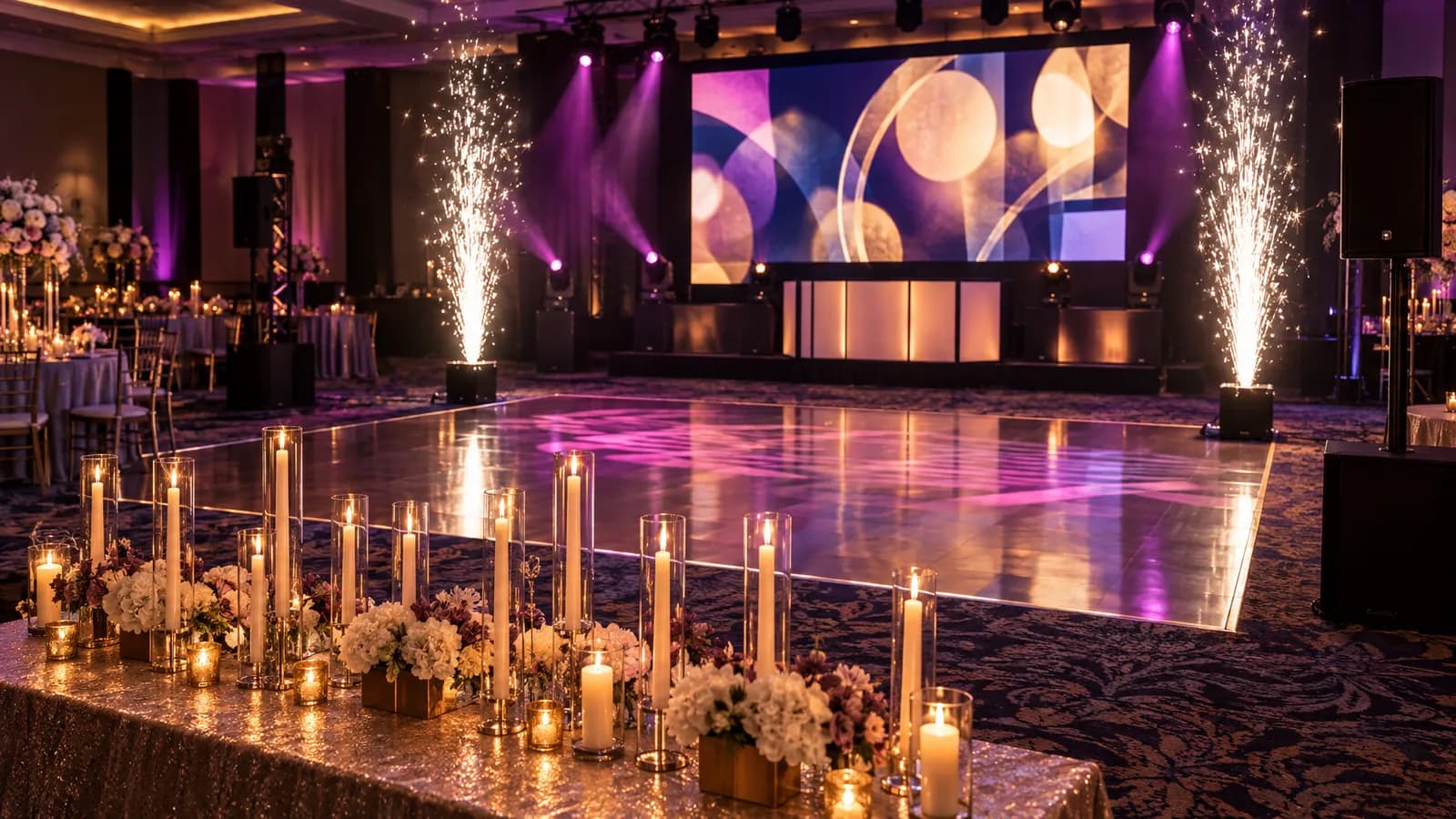 Candle-lighting table, presentation screen, magenta-lit dance floor, and cold sparks in a ballroom prepared for a Bar or Bat Mitzvah.