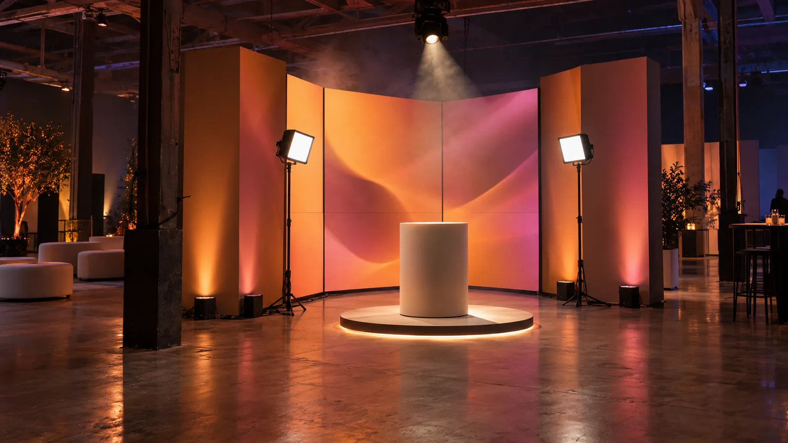 An LED wall, softly lit product pedestal and battery uplights form a pop-up photo moment beneath a beam visible in light haze.