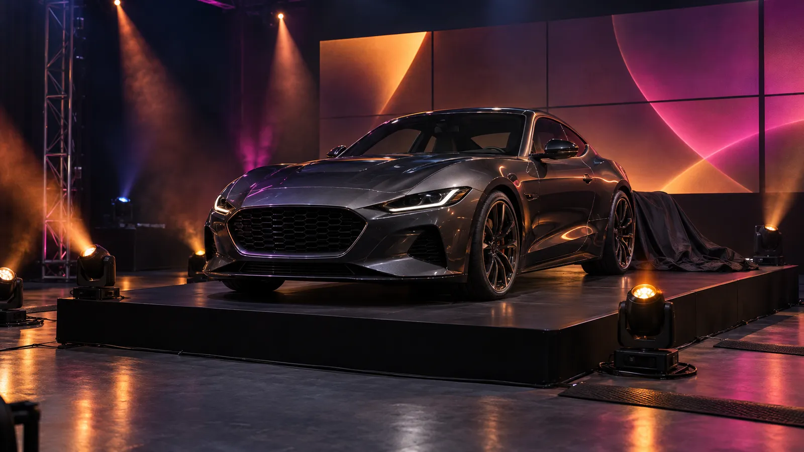 A graphite sports car on a display platform with amber and magenta reveal lighting and an abstract LED backdrop.