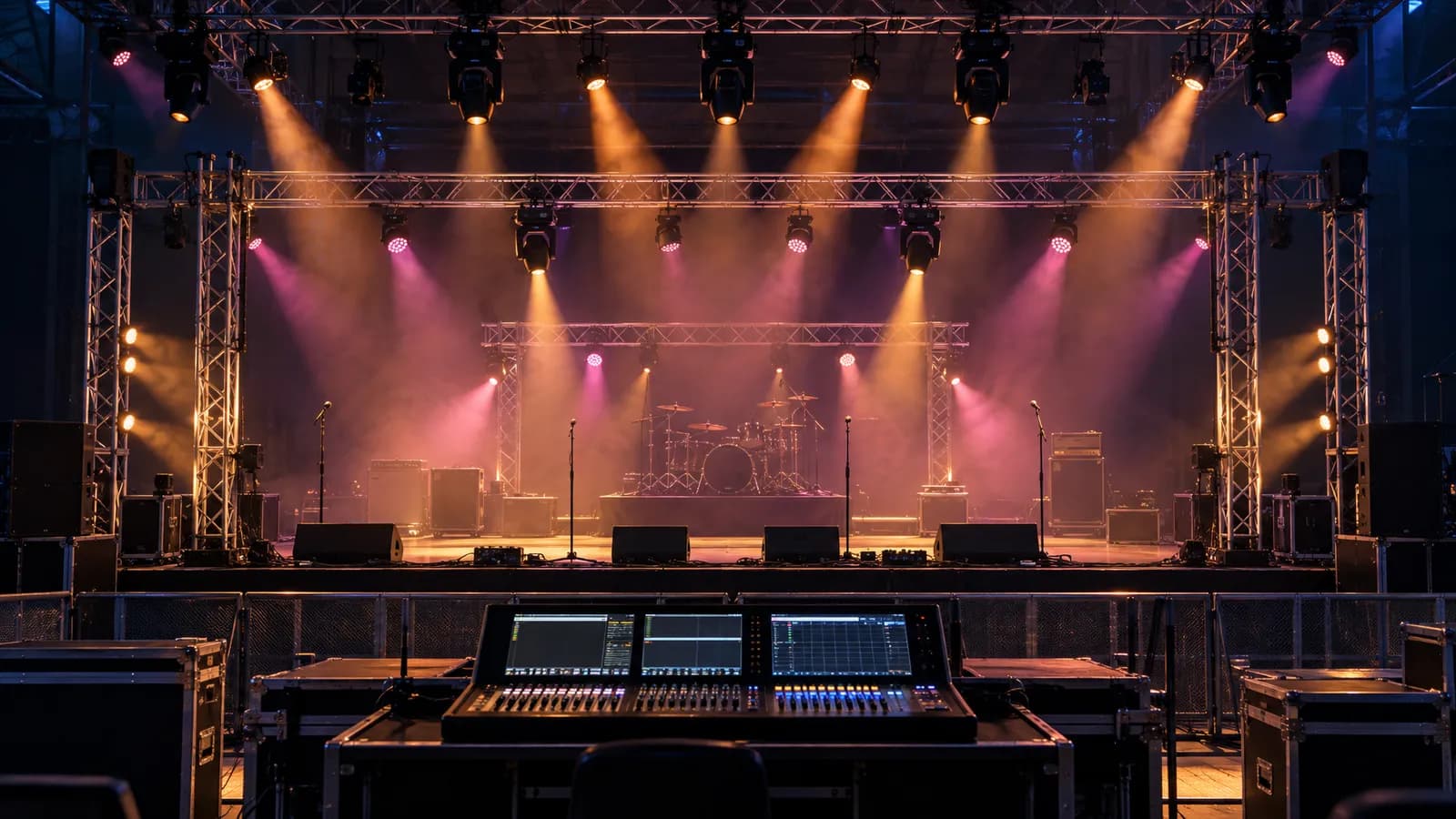 A lighting console overlooks an empty concert stage with trusses, moving heads, LED pars, and amber and magenta beams visible in light haze.