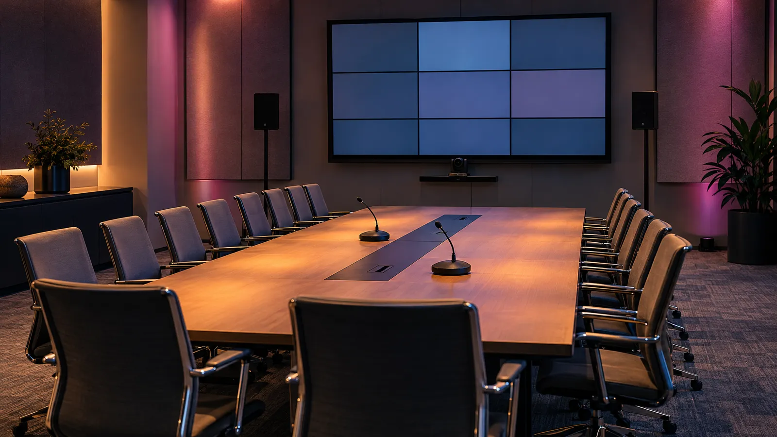 Conference room with a long table, tabletop microphones, front display, video conferencing camera, and two speakers.