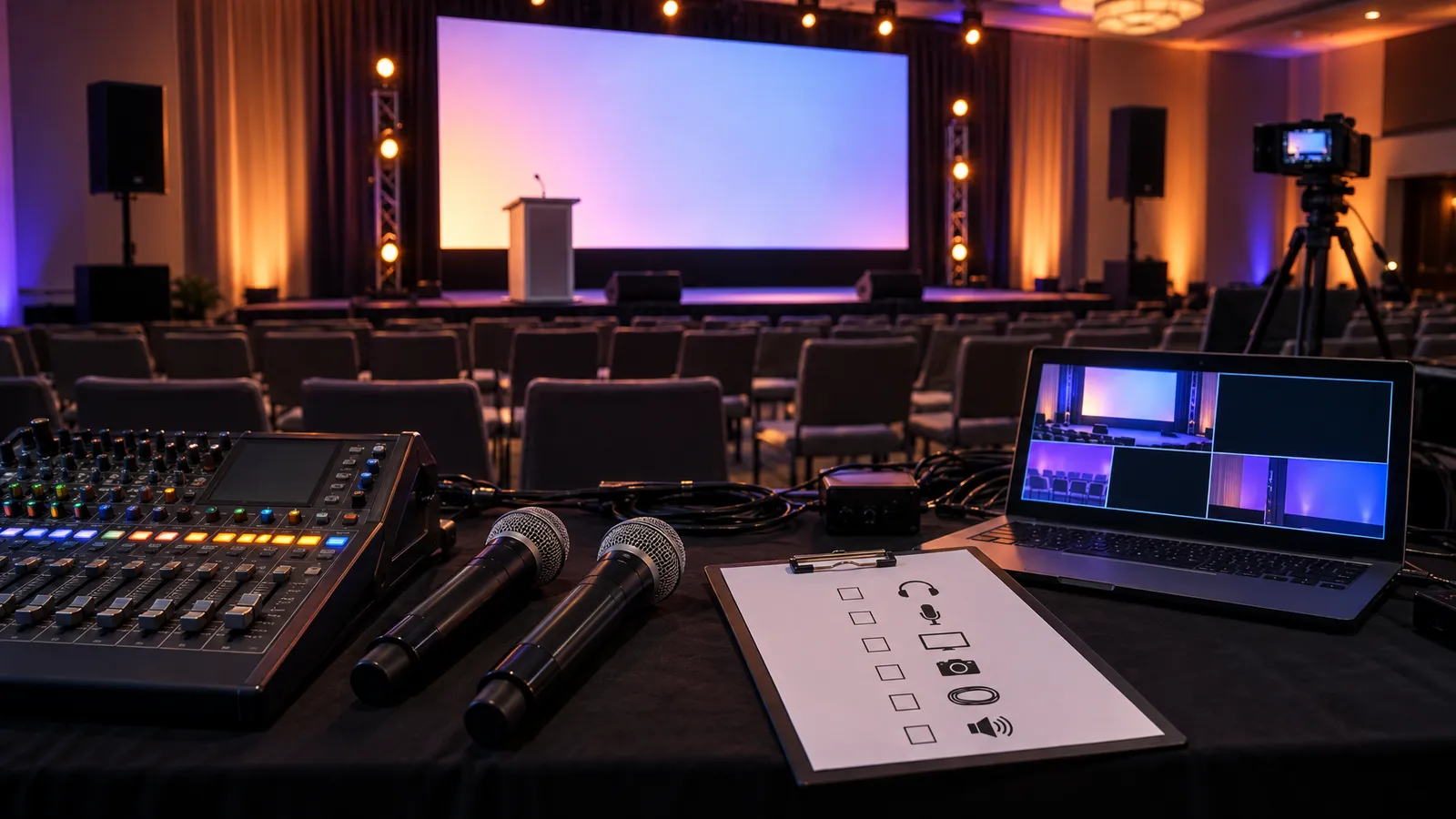 Microphones, an audio console, and a checklist sit before a corporate stage prepared with a screen, speakers, lighting, and streaming camera.