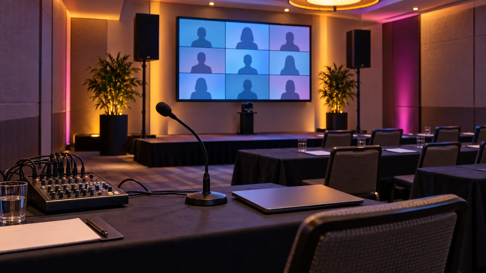 A corporate meeting room with a tabletop microphone, audio mixer, speakers, and a large display arranged for hybrid presentations.