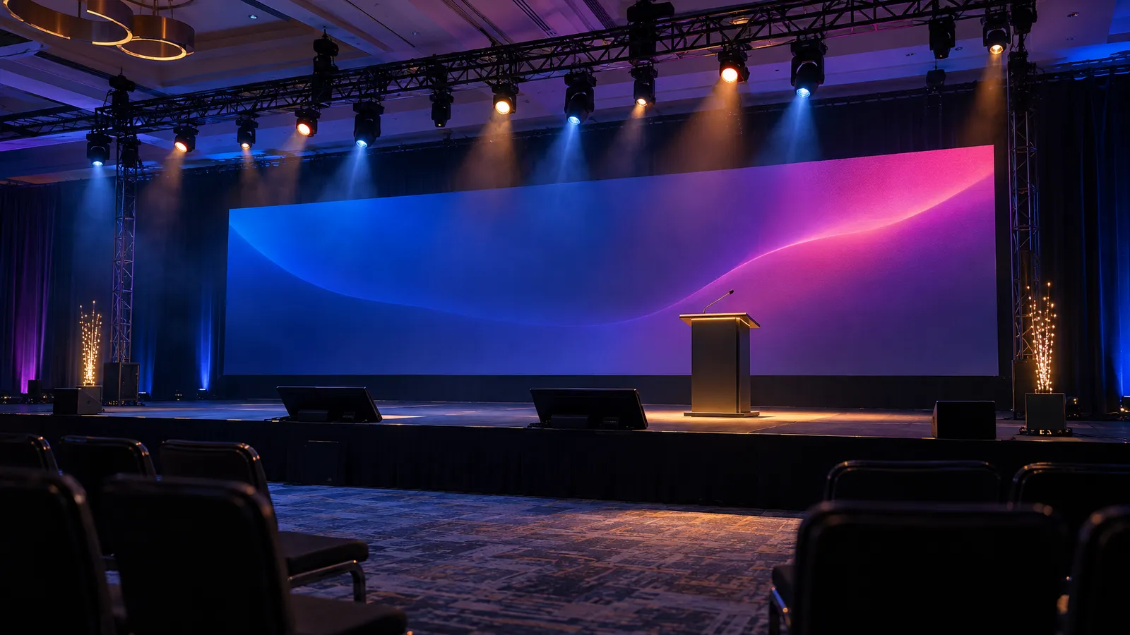 Corporate stage with an abstract LED wall, overhead lighting truss, amber-lit lectern and confidence monitors in a dark ballroom.