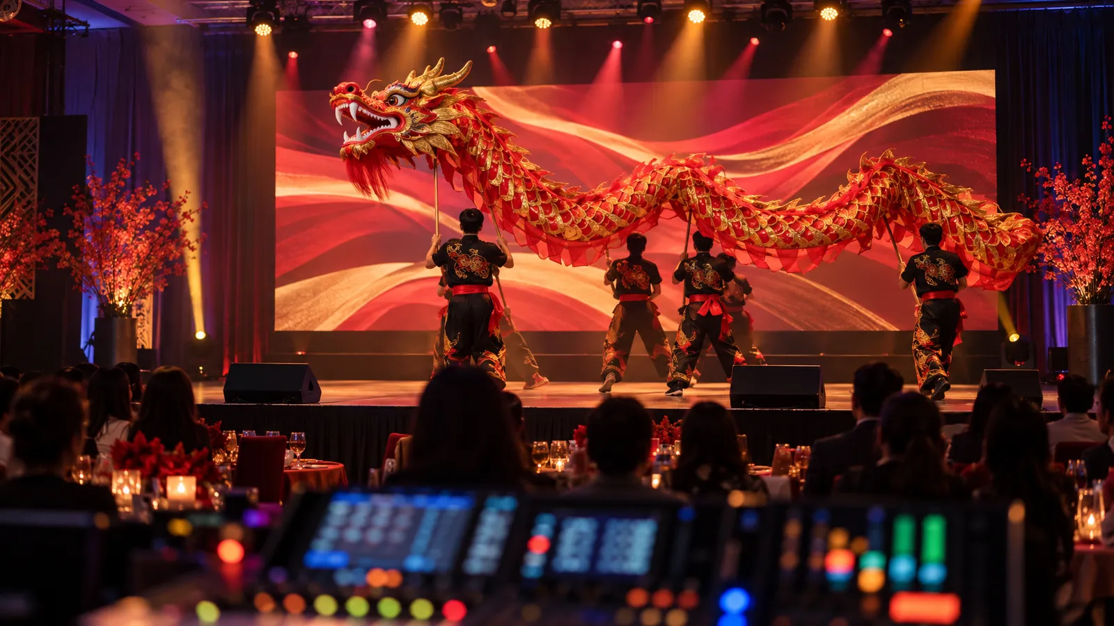 A dragon dance crosses a gala stage framed by amber lighting, a red-and-gold LED backdrop, and professional AV equipment.