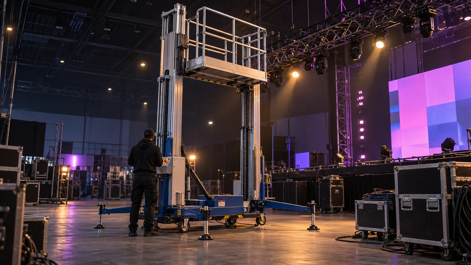 An electric lift scaffold with a guardrailed platform stands beside lighting truss during event setup in a dimly lit hall.