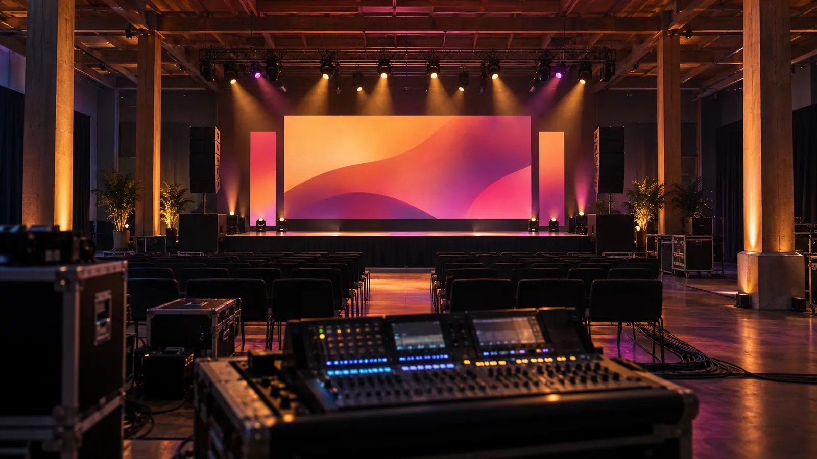 A mixing console faces a stage equipped with speakers, an LED wall and amber and magenta lighting in an event hall.