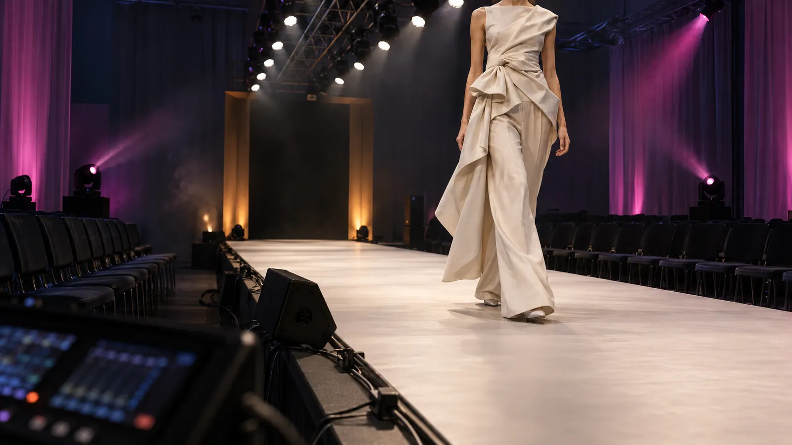A fashion runway with even white front lighting, magenta side washes, overhead truss and neatly staged production equipment.