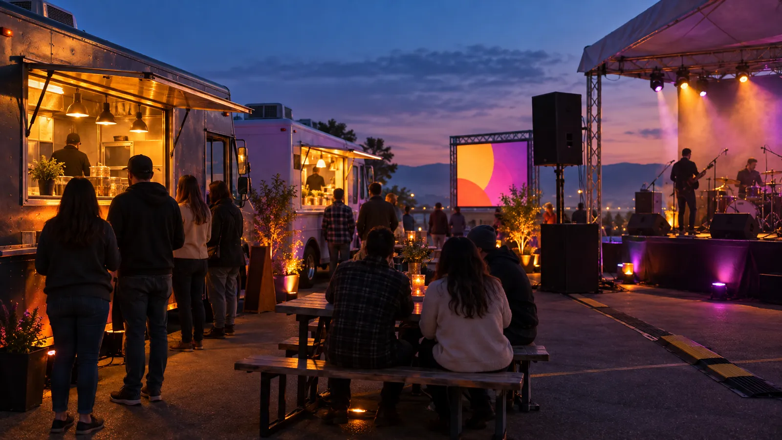 Food trucks glow beside a compact outdoor stage with PA speakers, an abstract LED screen, and amber and magenta lighting at dusk.