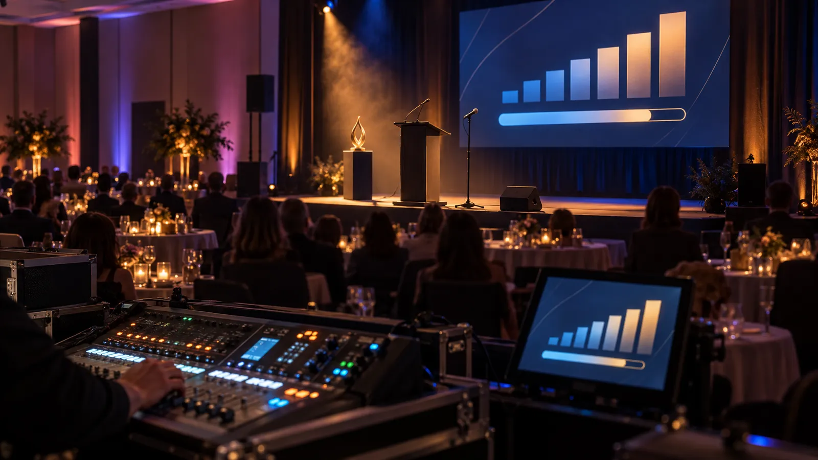 A gala ballroom features an auctioneer stage, microphones, abstract pledge graphics, and an illuminated award, viewed past a sound console.