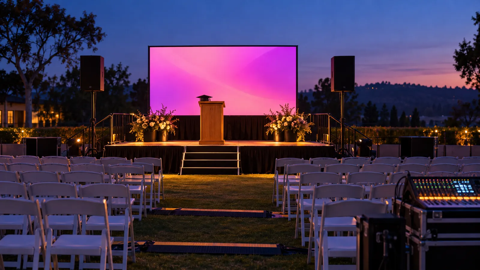 An outdoor graduation stage with a lectern, PA speakers, LED screen, and rows of chairs under amber and magenta lighting.