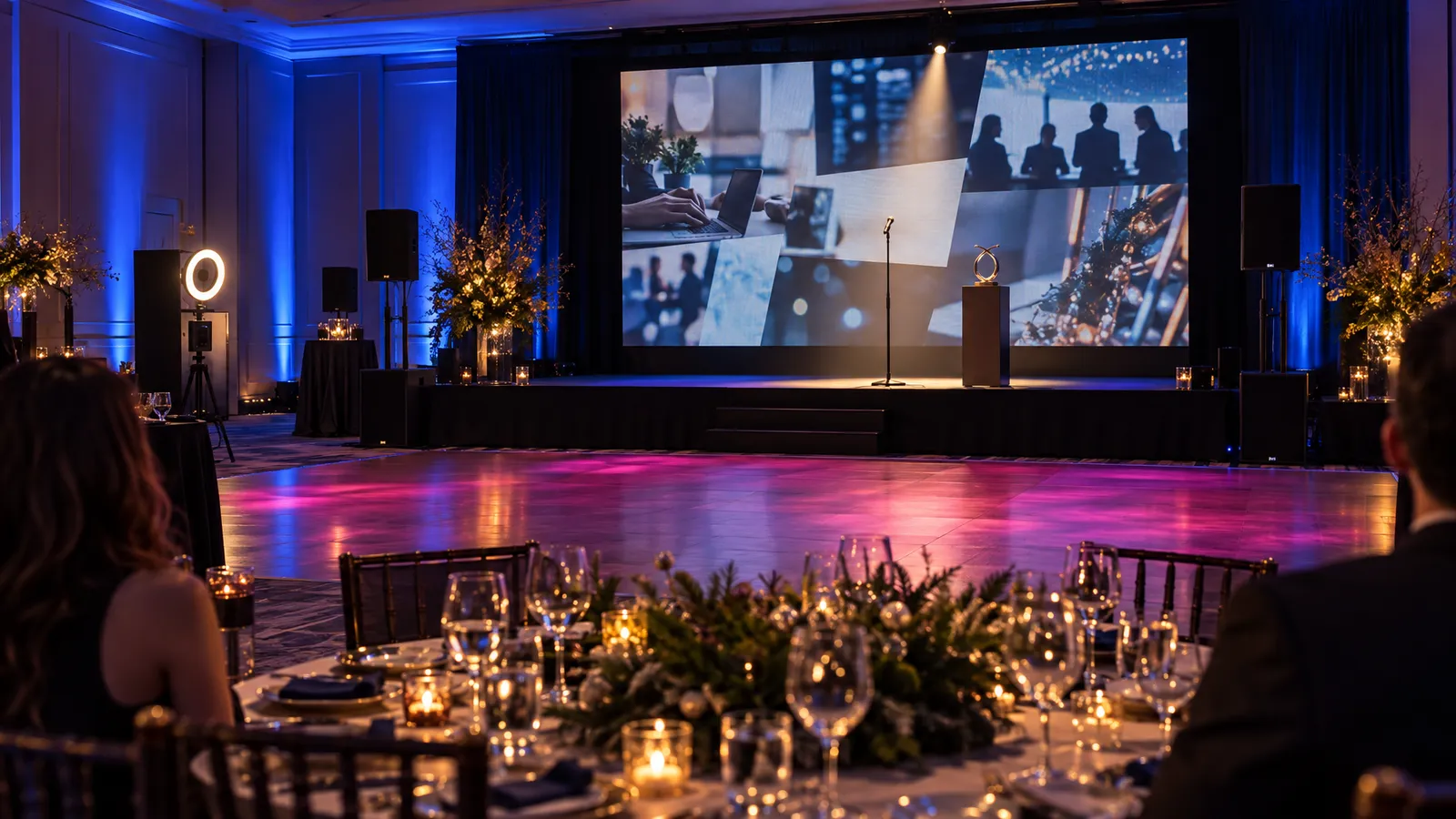 A holiday corporate ballroom features blue uplighting, an LED display, an awards stage, speakers, and a softly lit dance floor.