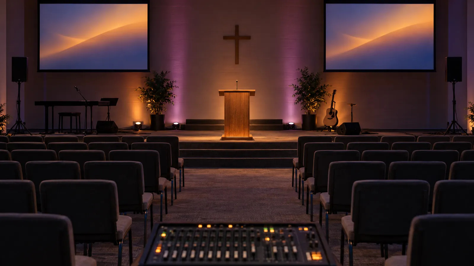 A worship sanctuary with a warmly lit lectern, two projection screens, PA speakers, and an audio mixing console in the foreground.