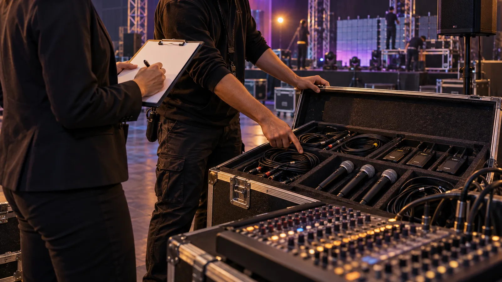 A planner and technician inspect microphones, cables and a checklist beside an open AV road case in a dim event venue.