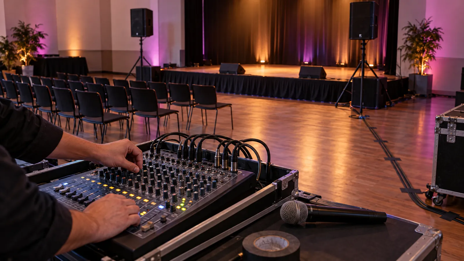 A mixing console, wireless microphone, and neatly routed cables face two speakers beside a small stage during sound system setup.