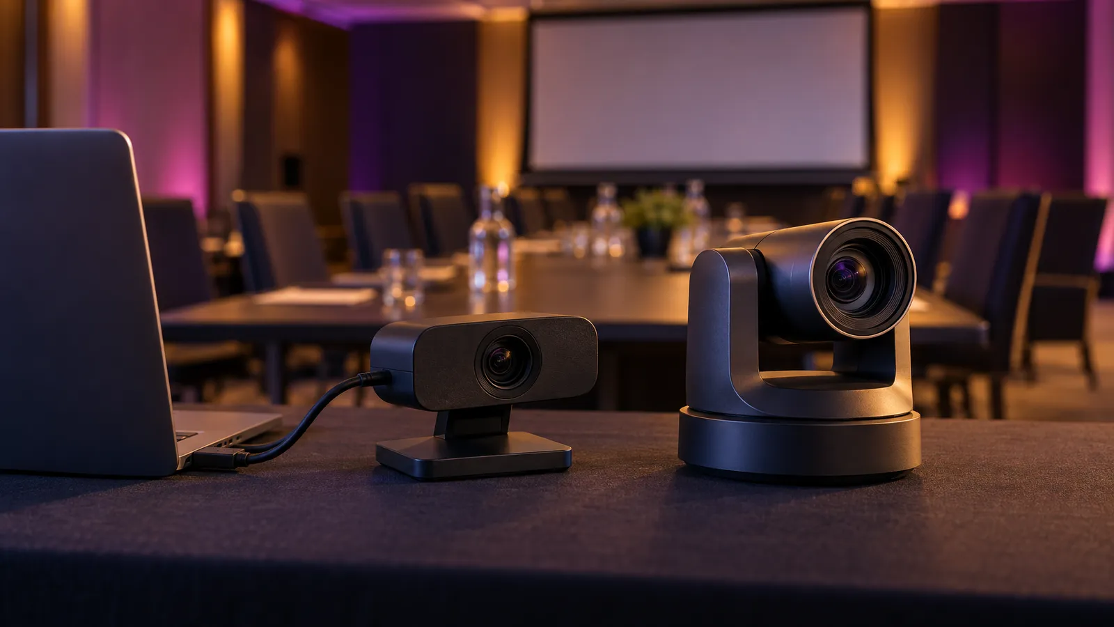 A compact USB camera and a motorized PTZ camera sit beside a laptop in a dramatically lit conference room.