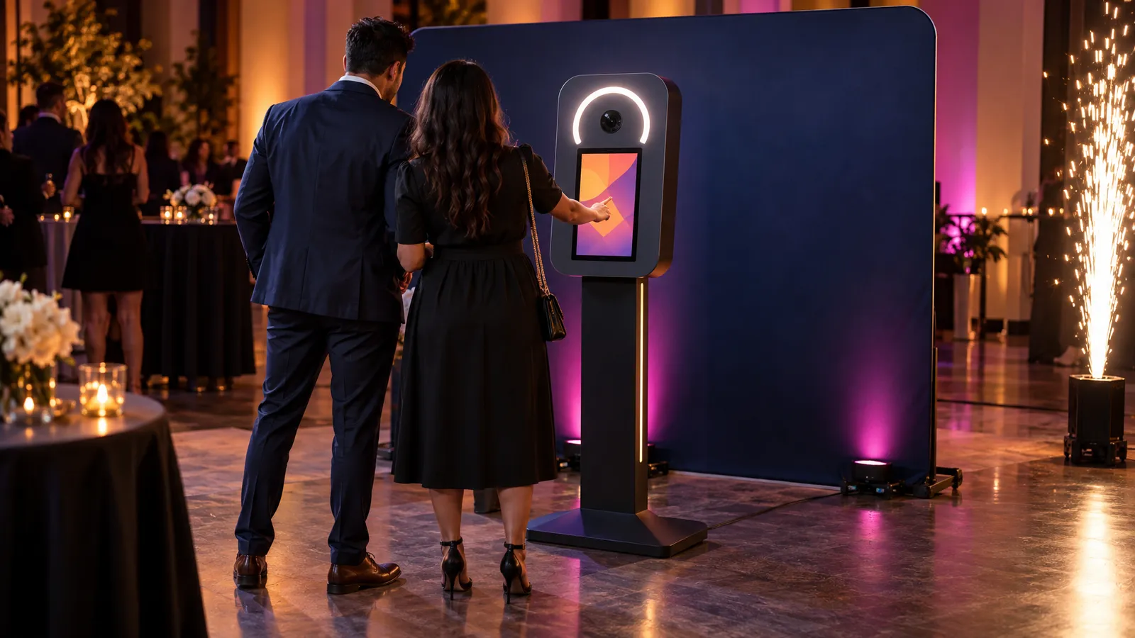 Attendees use a touchscreen photo booth at a corporate reception with navy, amber and magenta lighting.