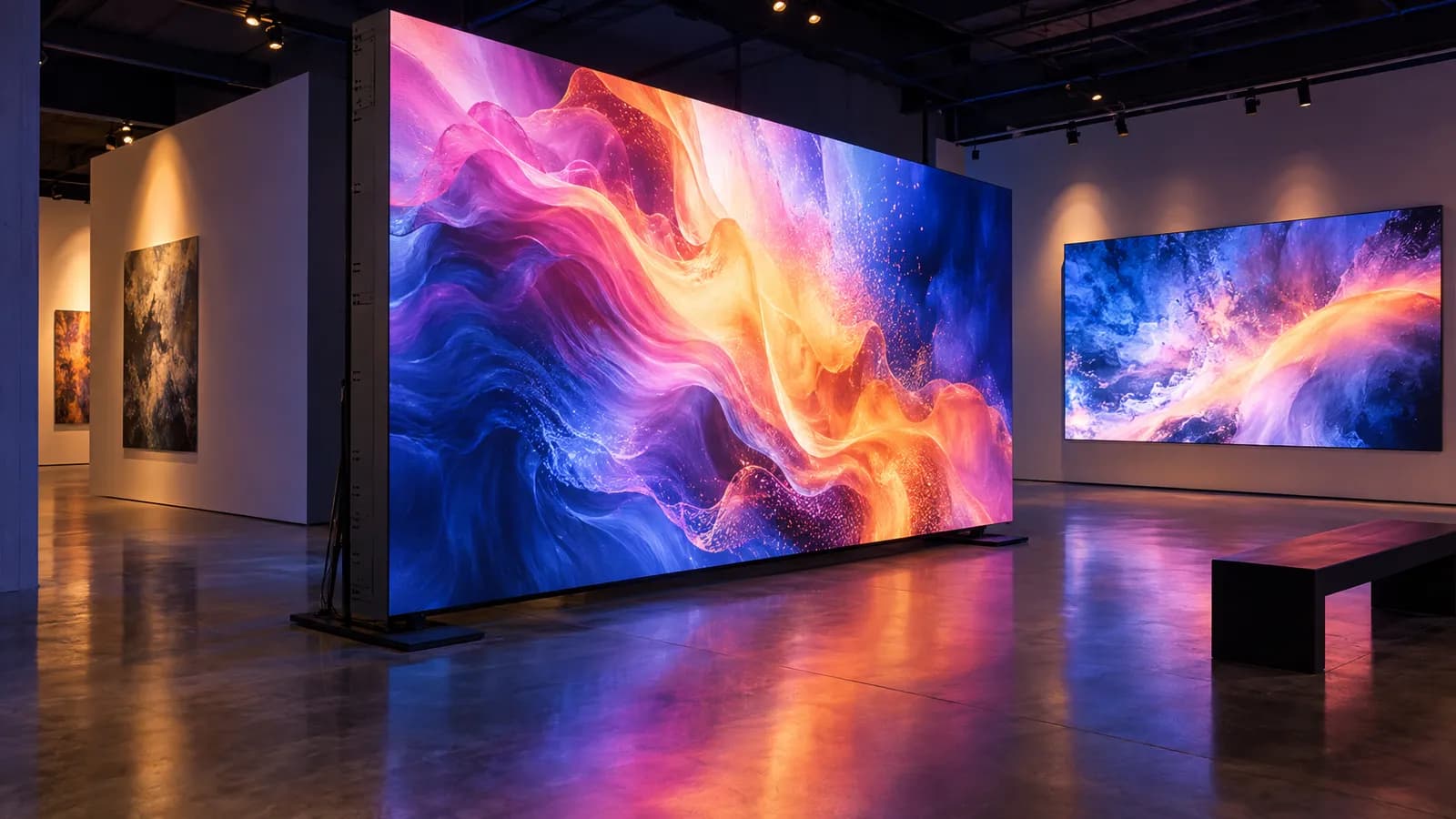 Two LED displays show colorful abstract digital art in a dim gallery, with a freestanding screen’s support and cabling visible.