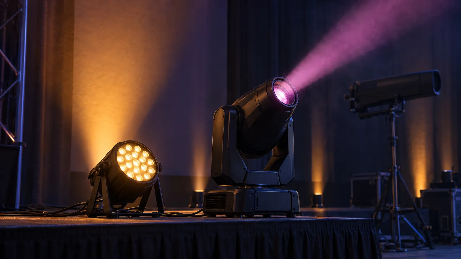 A fixed PAR casts an amber wash beside a moving-head light projecting a magenta beam through haze, with a followspot behind them.