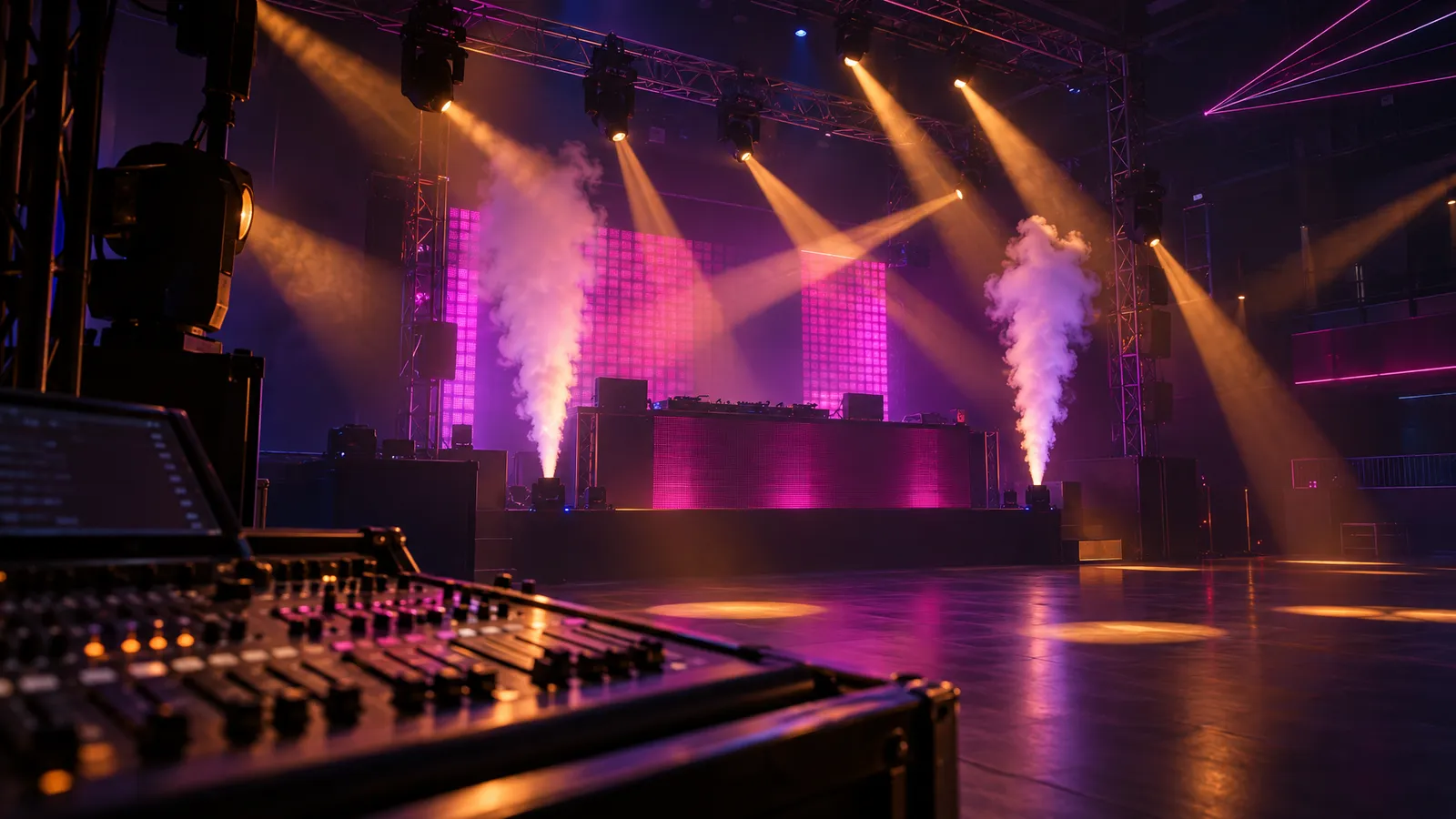Moving-head beams, magenta pixel lights, overhead lasers, and CO2 plumes illuminate a hazy nightclub above a lighting console.