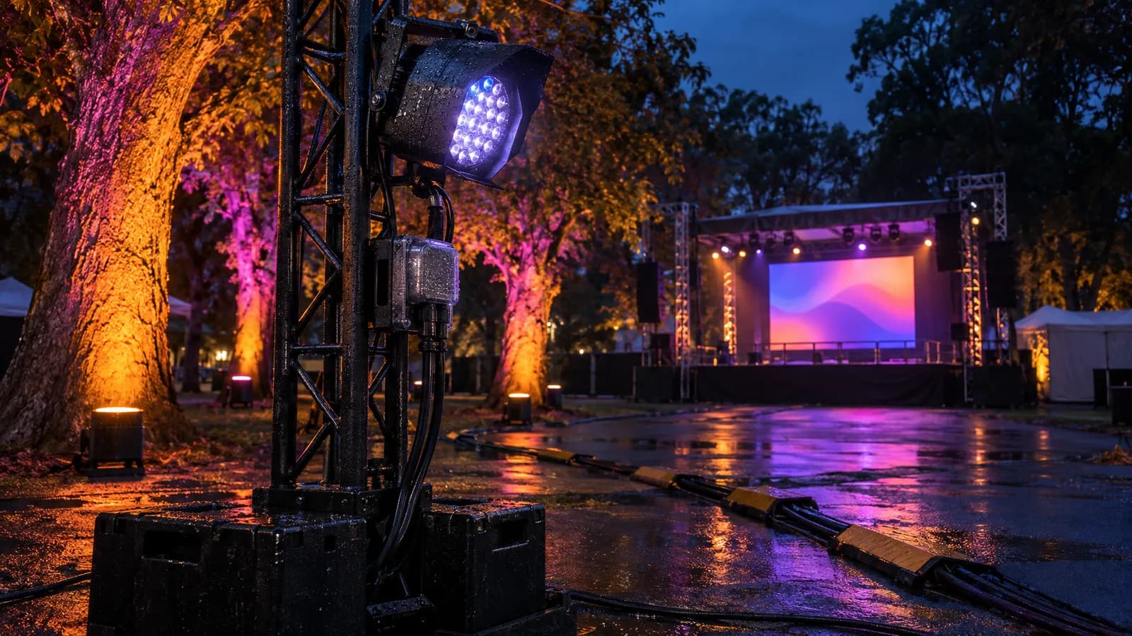 Weather-sealed festival lights on temporary truss, battery uplights and an outdoor LED screen in a rain-damp park at dusk.