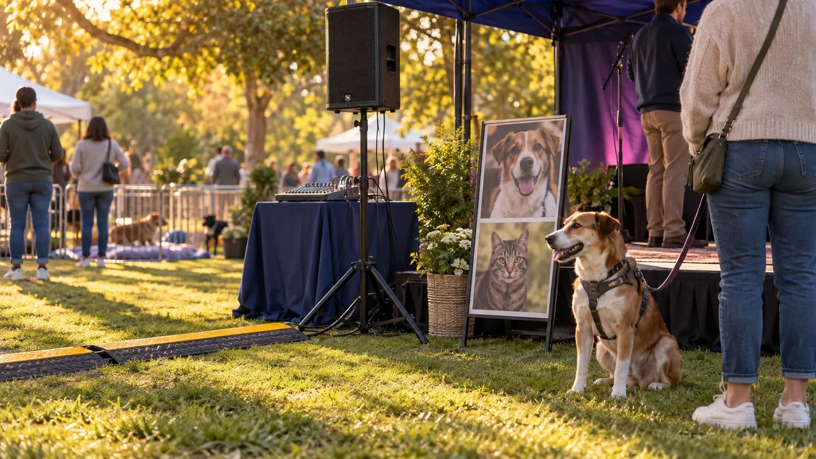 A calm dog stands beside a shaded outdoor adoption-event stage with a PA speaker and animal-photo display.