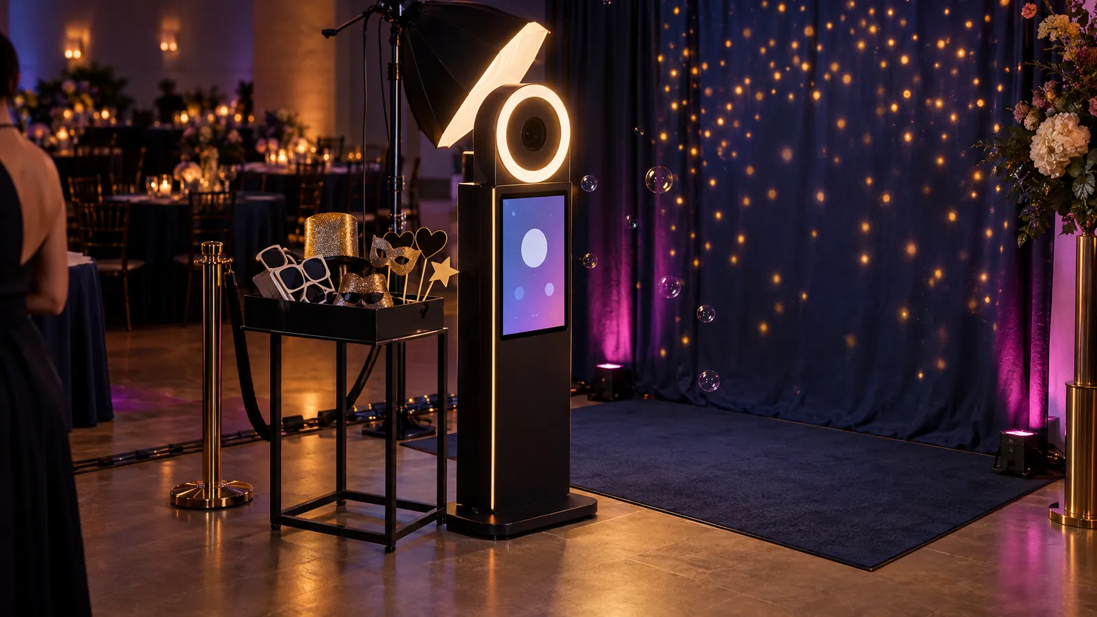 A ring-lit photo booth, softbox, and prop tray sit before a backdrop with amber projections and magenta uplighting.