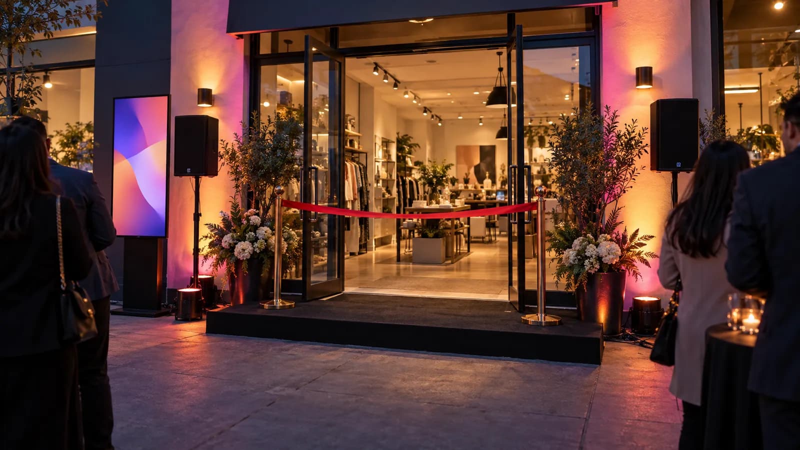 A retail grand-opening entrance at dusk features a red ribbon, compact speakers, and amber and magenta facade lighting.