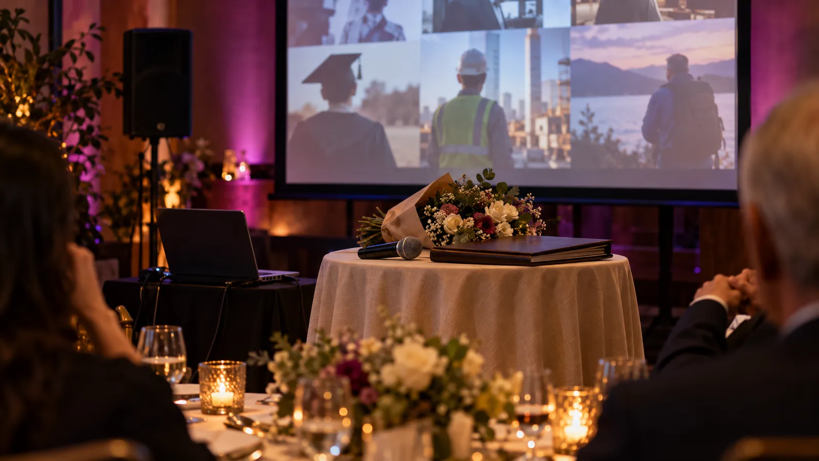 A microphone, tribute slideshow screen, and PA speaker are arranged for a warmly lit retirement celebration dinner.