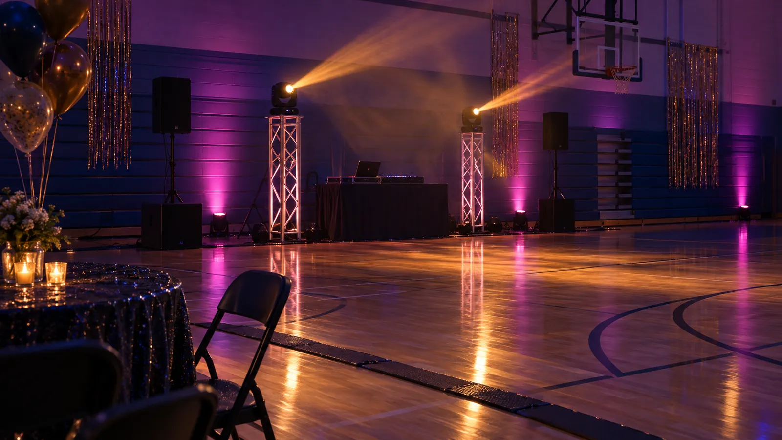 Amber moving-head beams and magenta uplighting illuminate a school gym dance floor framed by compact DJ sound and lighting equipment.