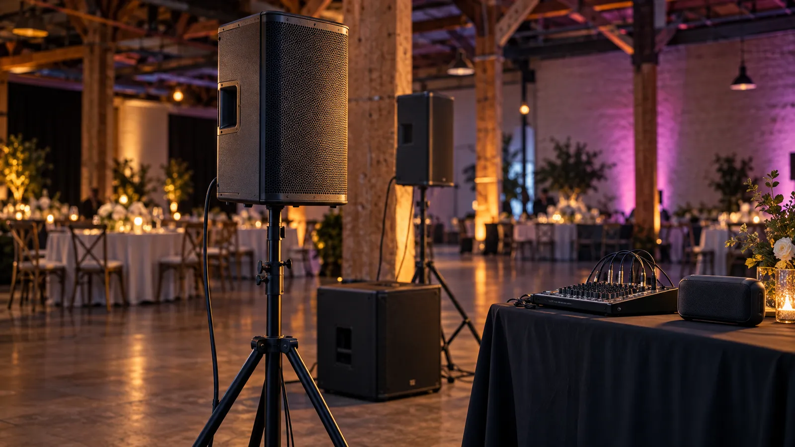 PA speakers, a subwoofer, a mixer, and a compact Bluetooth speaker in an amber- and magenta-lit event venue.