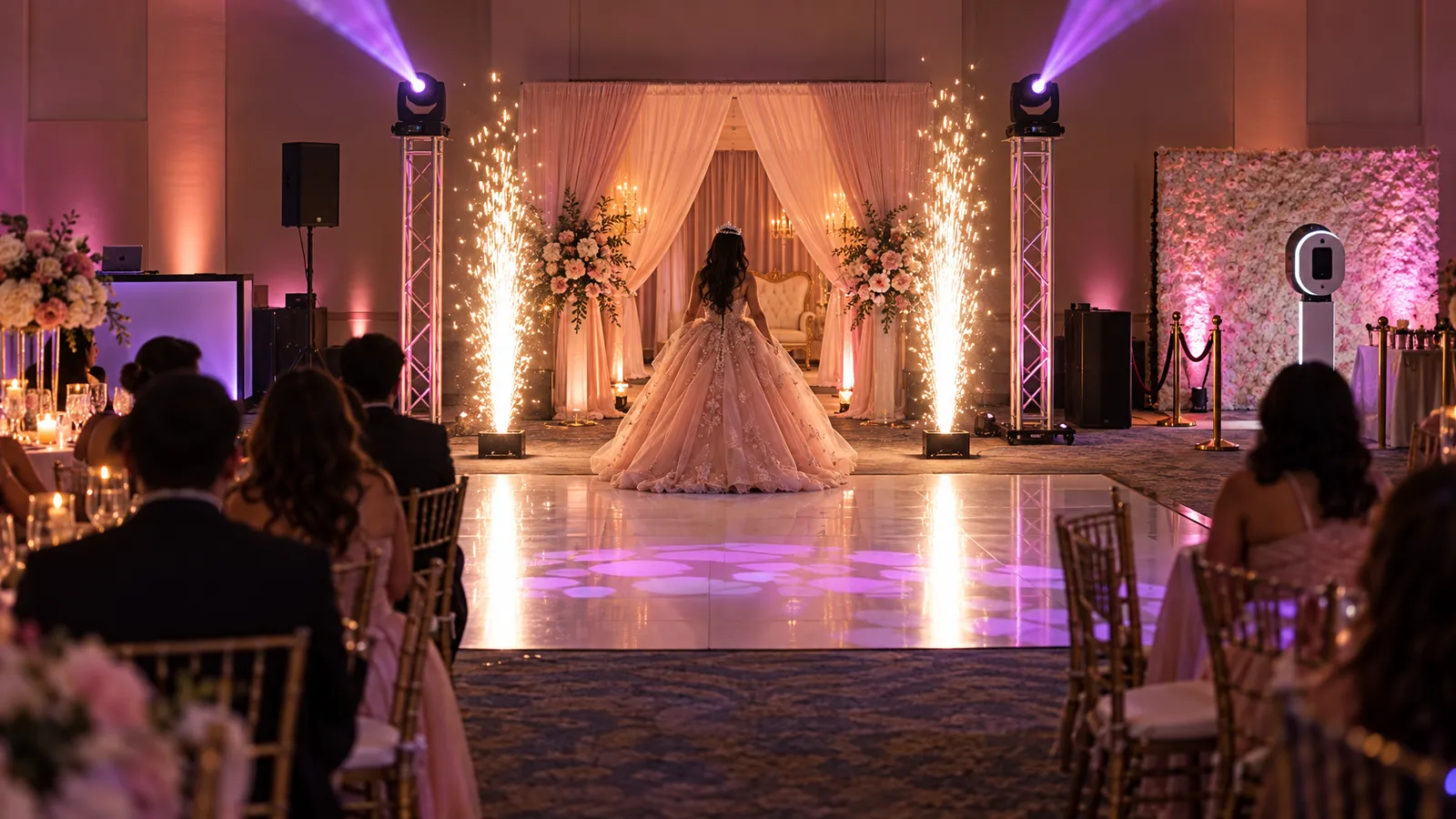 A birthday ballroom features magenta uplighting, purple dance-floor beams, cold-spark entrance effects, and a photo booth.