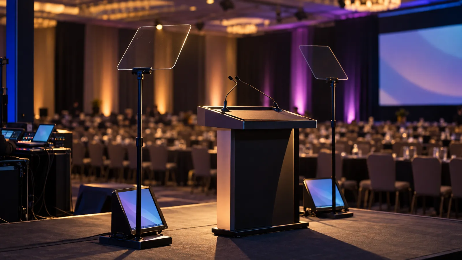 Two glass teleprompters flank a lectern on a corporate event stage lit in amber and magenta.