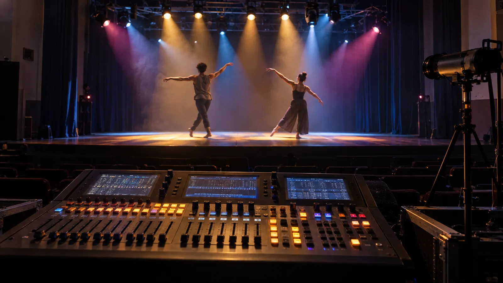 A lighting console overlooks dancers rehearsing under amber, magenta and cool backlighting in a community theater.