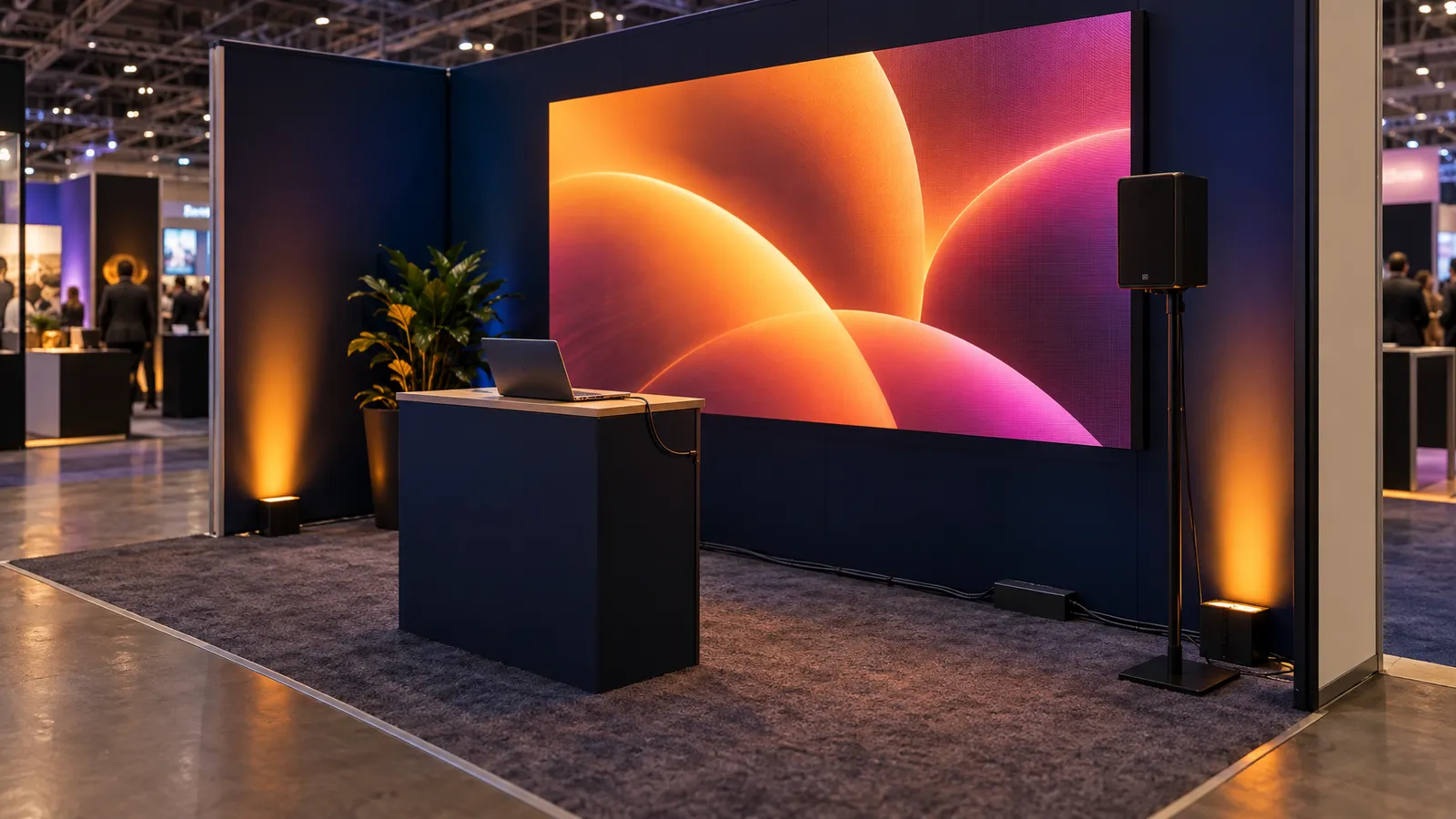 A trade show booth with a large LED screen, corner uplights, a demo laptop, and a compact speaker in a dim convention hall.