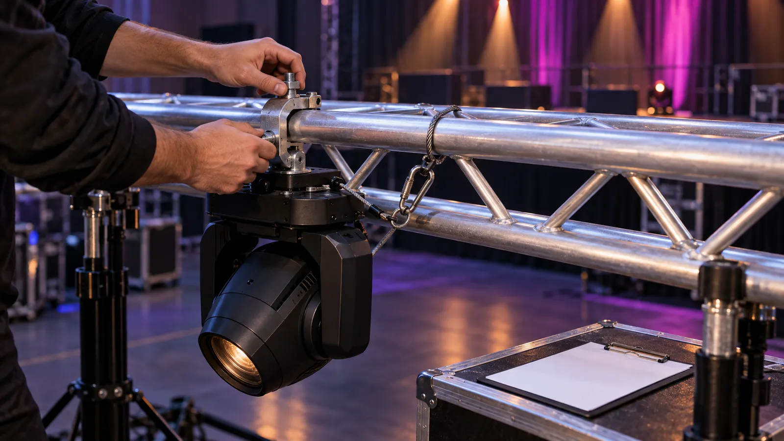 A technician checks a stage light’s truss clamp and secondary safety cable before the rig is raised.