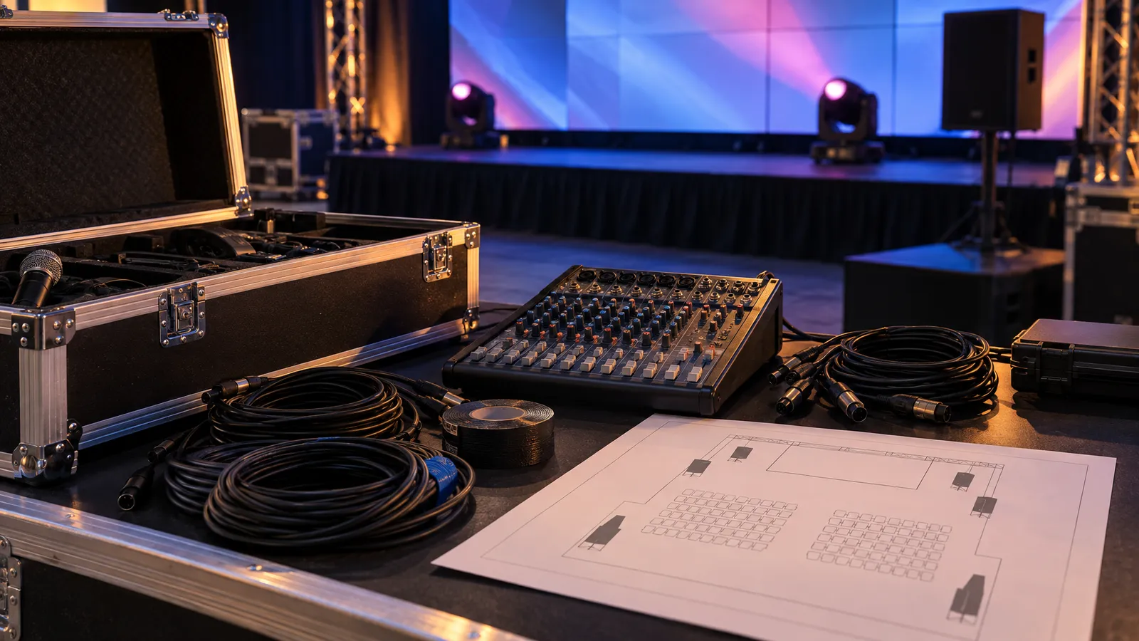 An audio console, coiled cables, and an event floor plan sit in front of softly lit stage equipment.