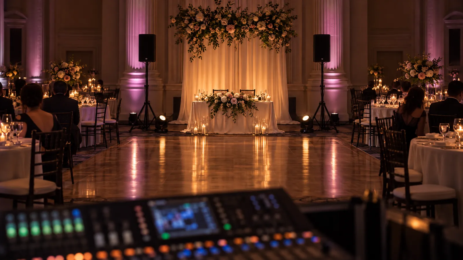 An indoor wedding reception features PA speakers, a mixing console, and amber and magenta lighting around a dance floor.