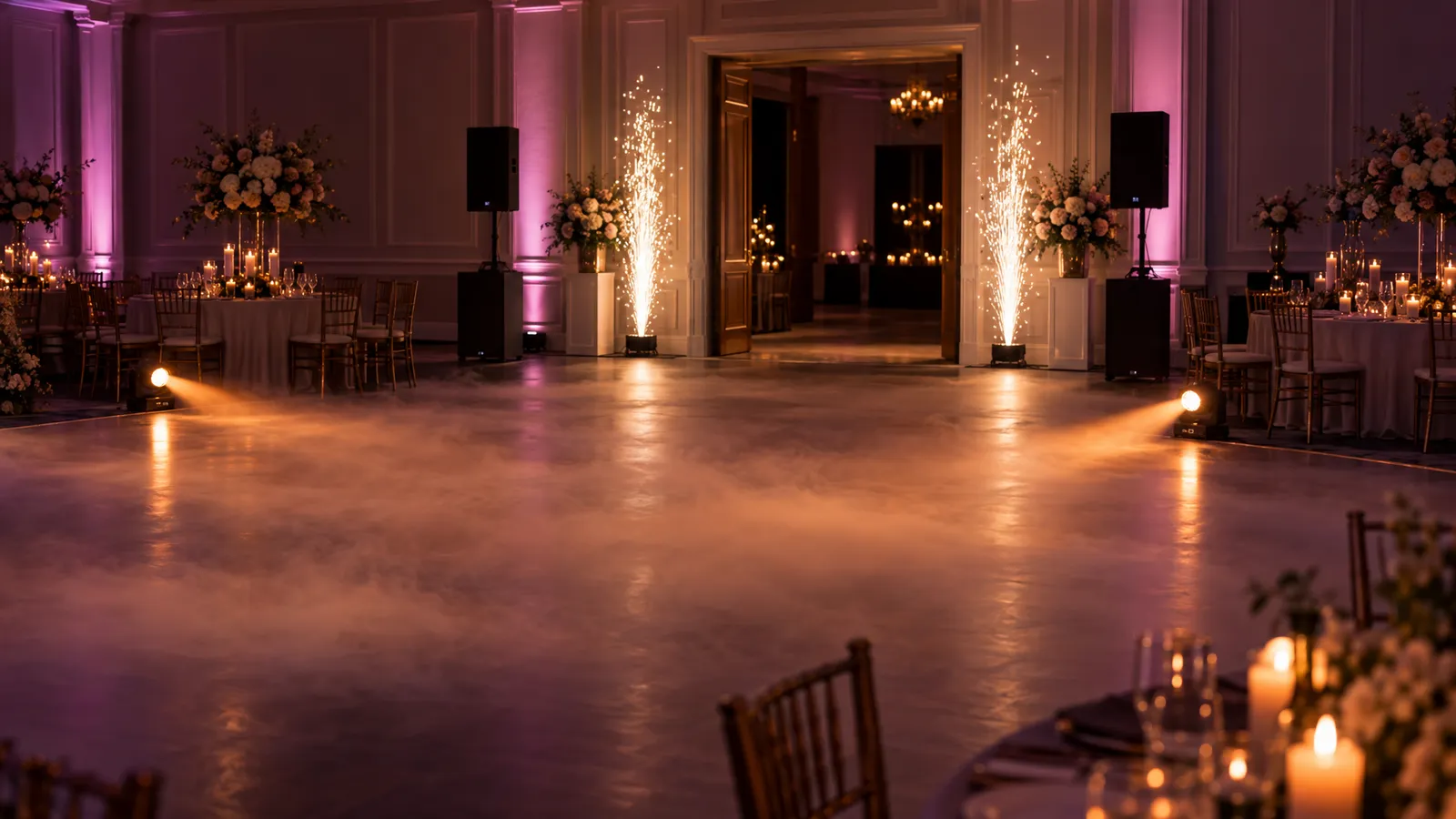 Amber dance-floor lighting, magenta uplighting, low fog, and cold-spark fountains illuminate a wedding reception ballroom.